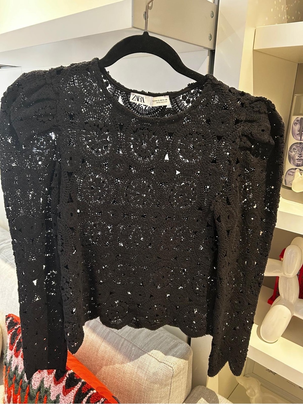 Zara Black Crochet Puff-Sleeve Long-Sleeve Top